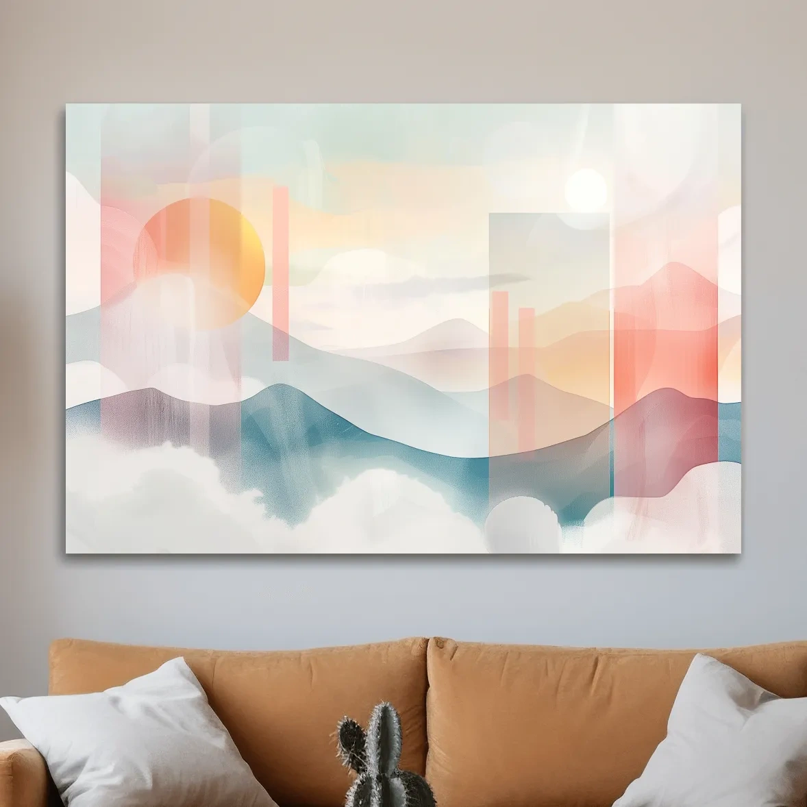 Mountains at sunset, soft pastel watercolor painting wall art