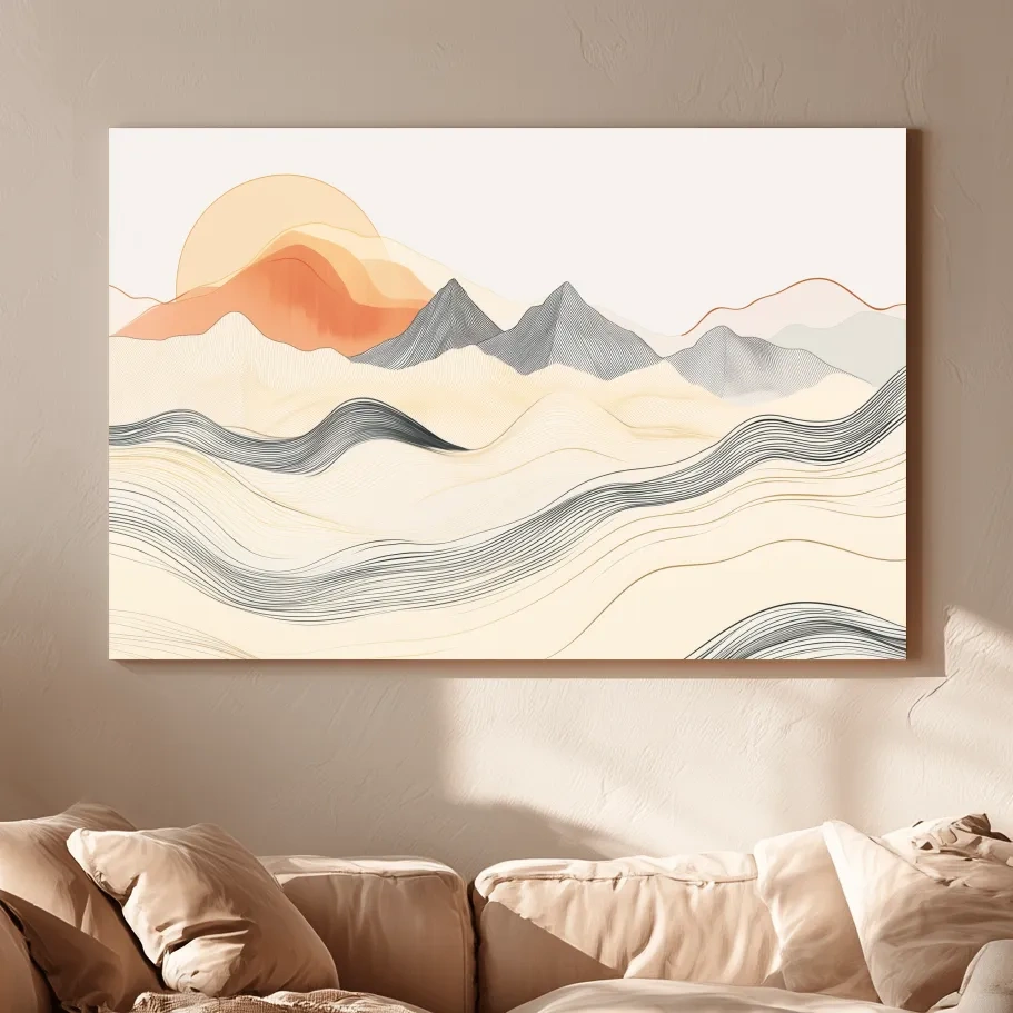 Minimalist Line Art Mountain Sunset - Abstract Landscape Wall Art