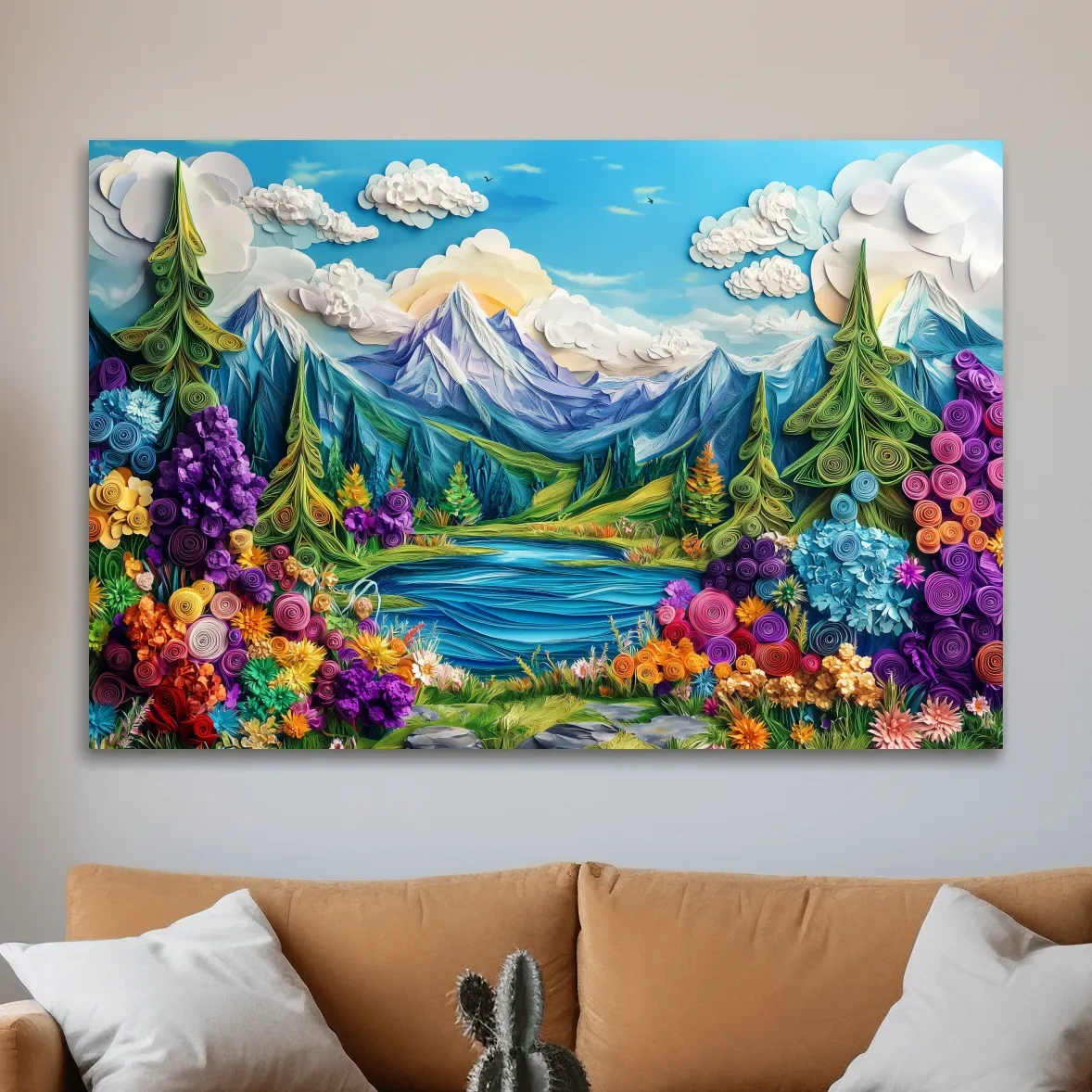 Vibrant alpine meadows artwork, 3D paper quilling effect
