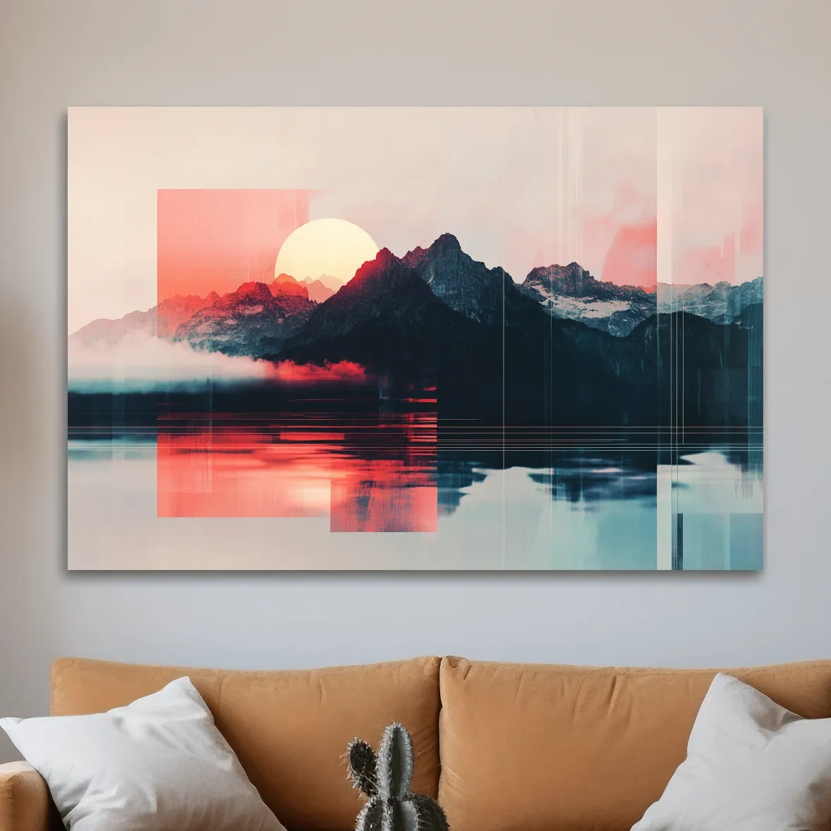 Sunset mountain wall art, glitch art effect