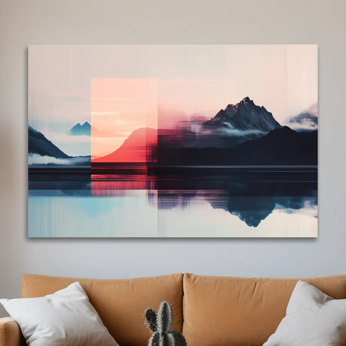 Mountains in the clouds at sunset, glitched wall art effect