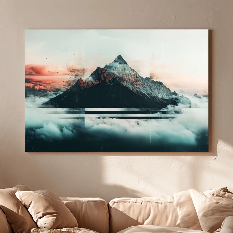 Abstract Sunset Alpine Peak Above Clouds - Glitch Style Mountain Wall Art