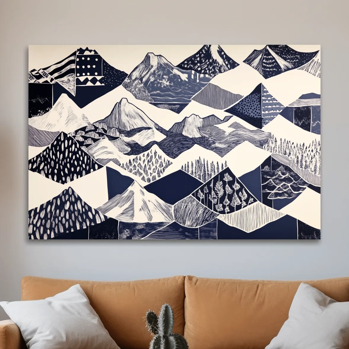 Linocut patchwork style mountain wall artwork print, black and white