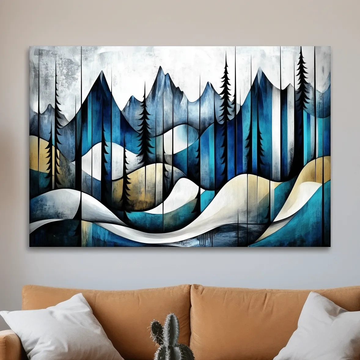 Abstract mountain painting, trees in the alpine, textured effect