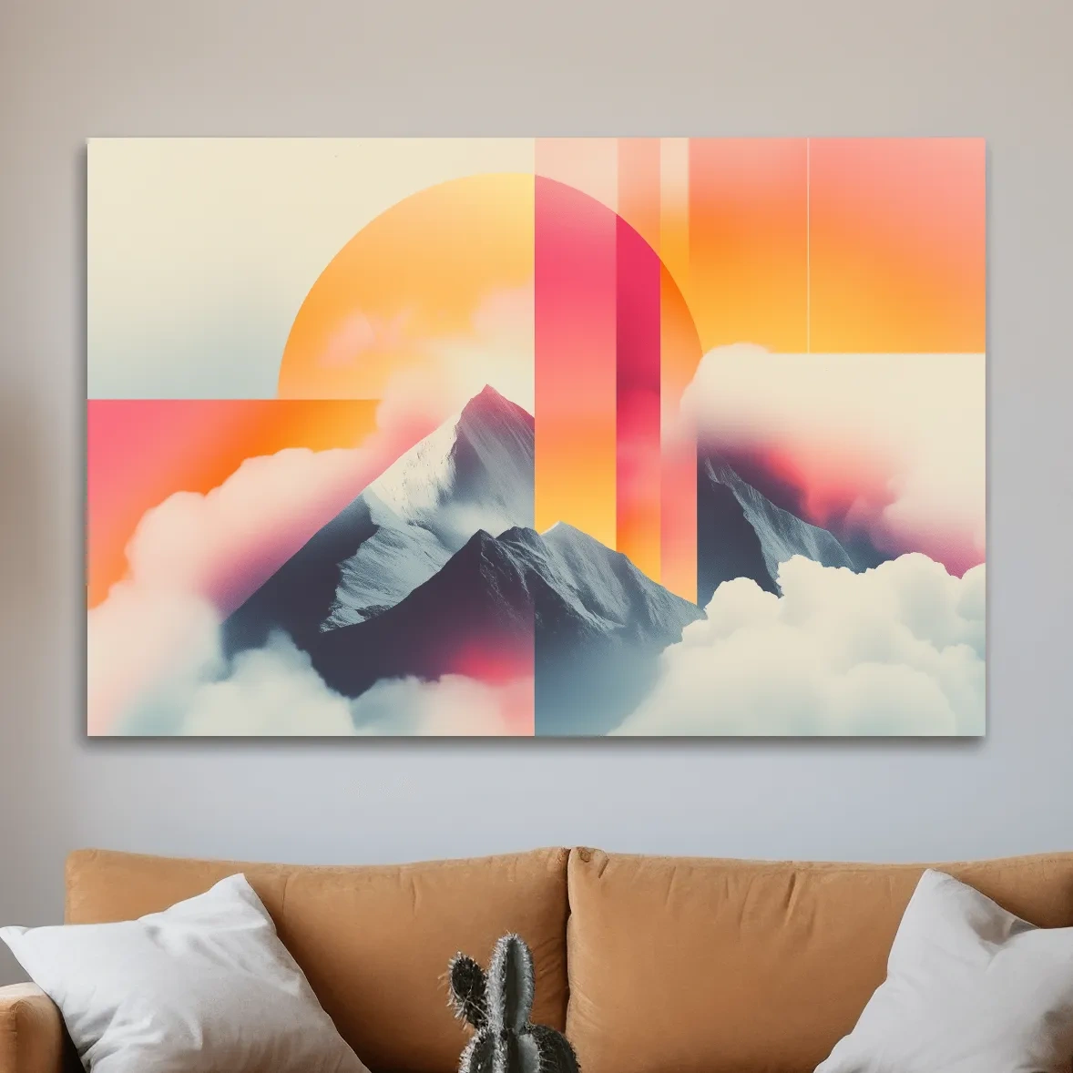 Retro style mountain wall art, sunset in the clouds