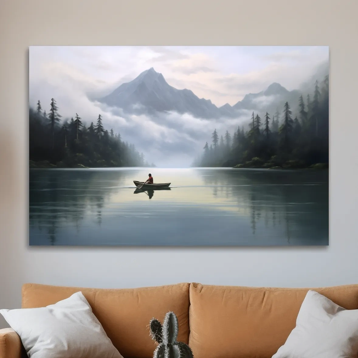 Painting of a person in a canoe on an alpine lake