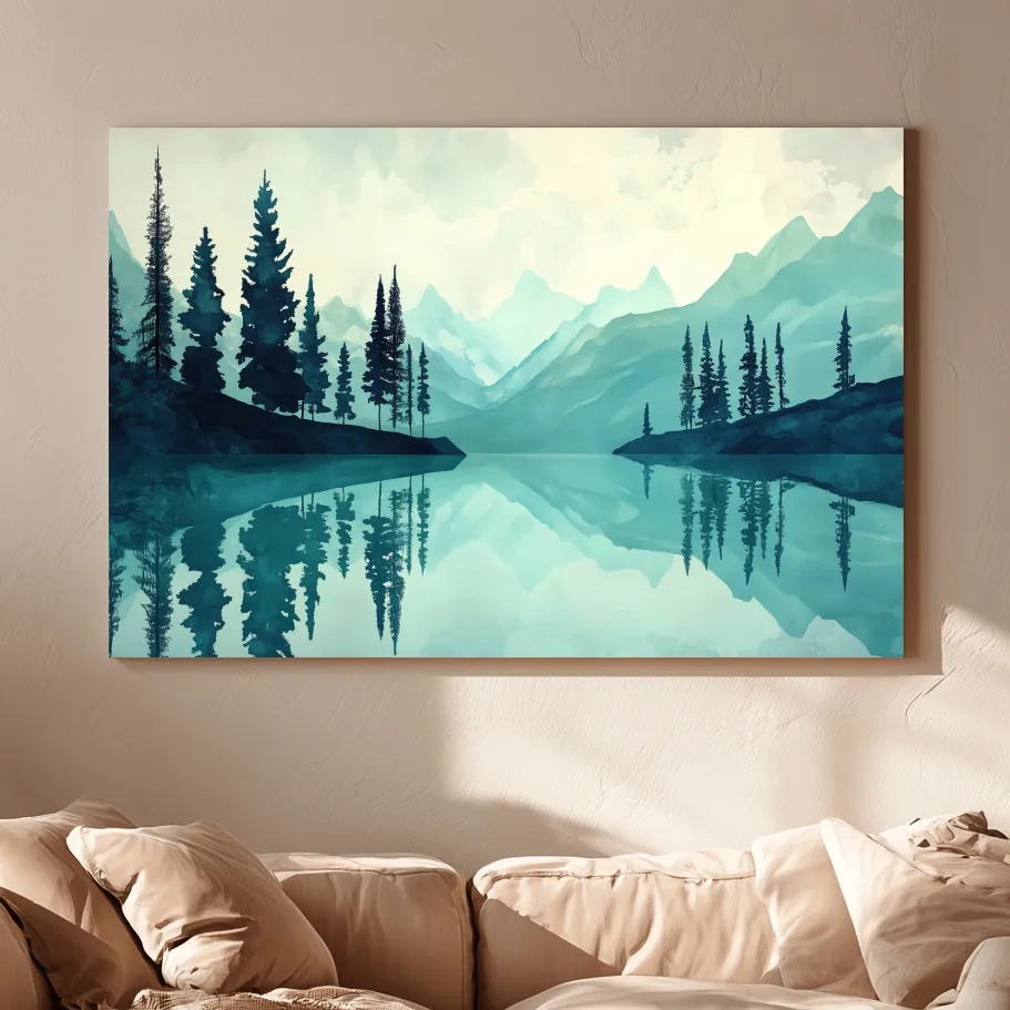 Treelined Alpine Lake Reflection - Watercolor Forest Wall Art