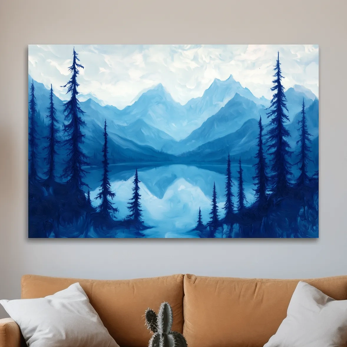 Oil painting artwork, view over an alpine lake in the mountains