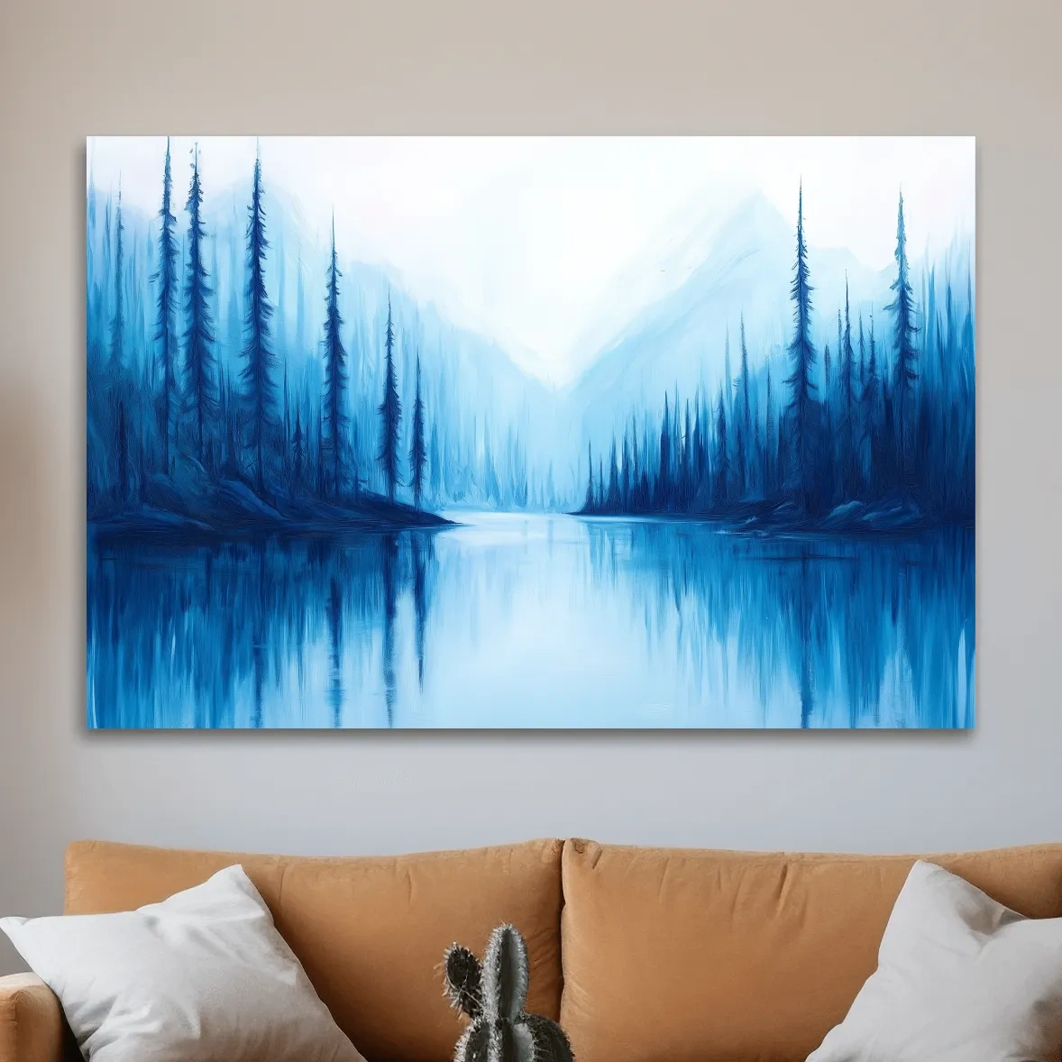Impressionist style painting of a treelined alpine lake