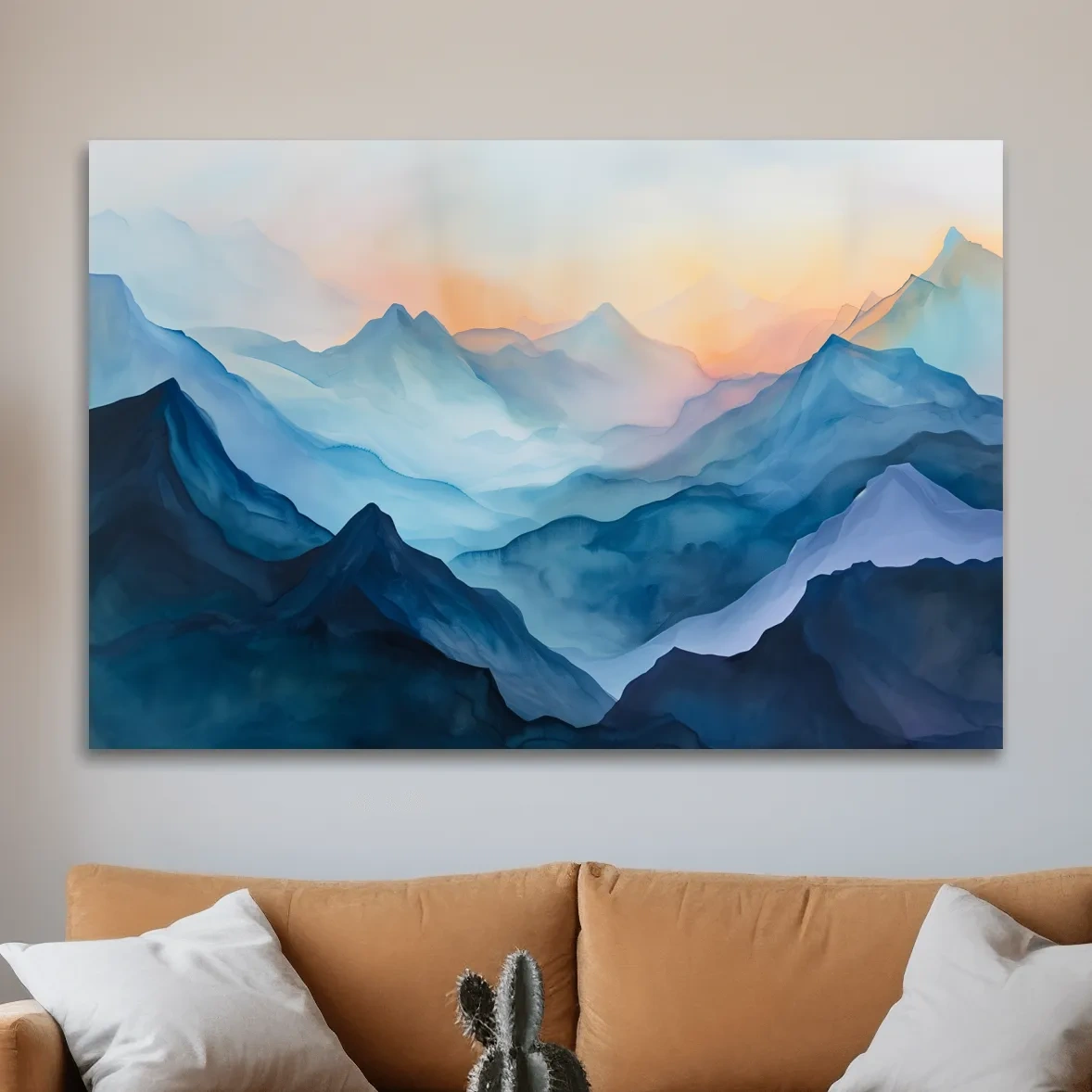 Misty Sunrise Watercolor Mountain Range - Serene Abstract Landscape Wall Art
