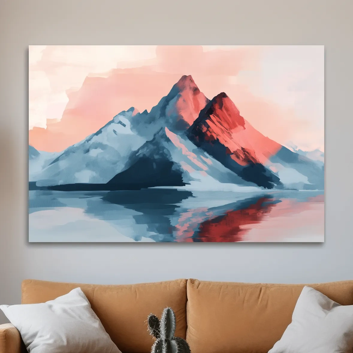 Pastel mountain painting at sunset, glacier reflecting on a lake