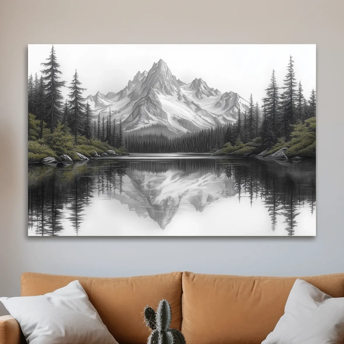 Alpine drawing artwork, lakeside forest under a glacier