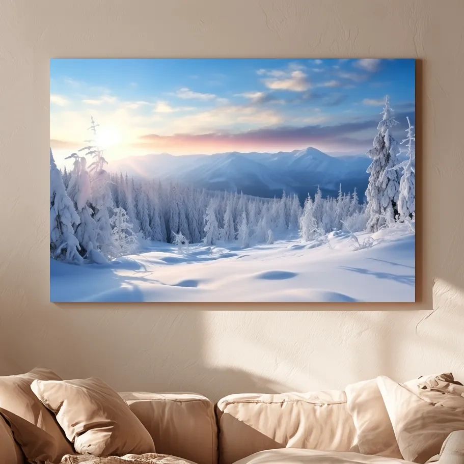 Serene Winter Mountain Sunrise Artwork - Snowy Pine Forest Photographic Wall Art
