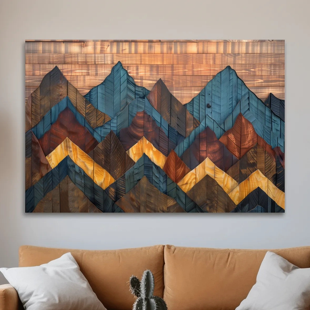 Geometric Wood Grain Mountain Range - Rustic Landscape Artwork