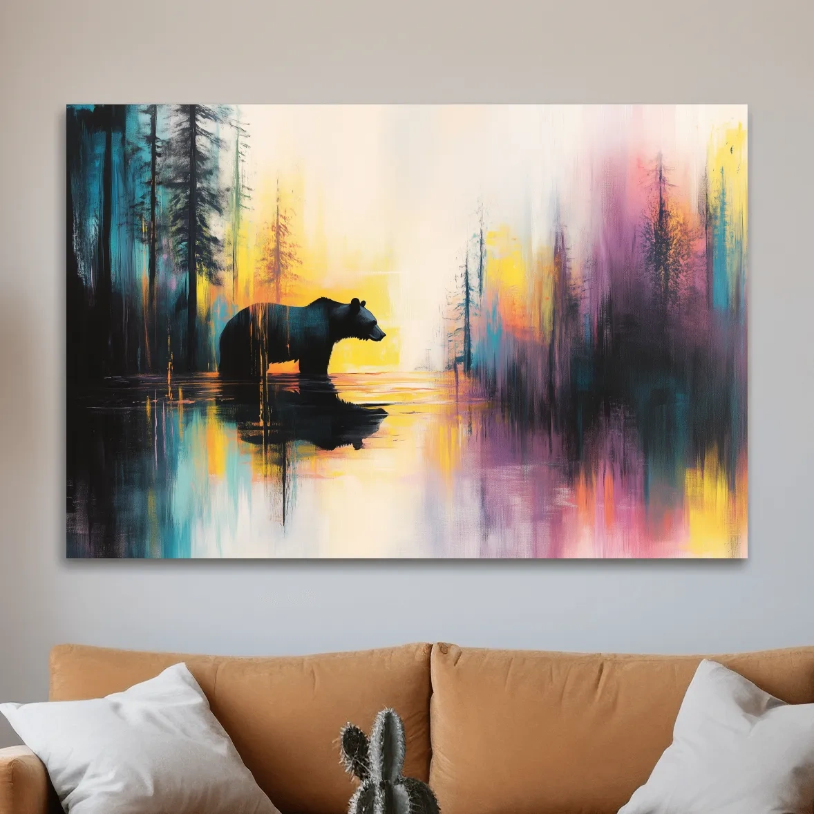 Grizzly bear in a river painting, colorful abstract wall art