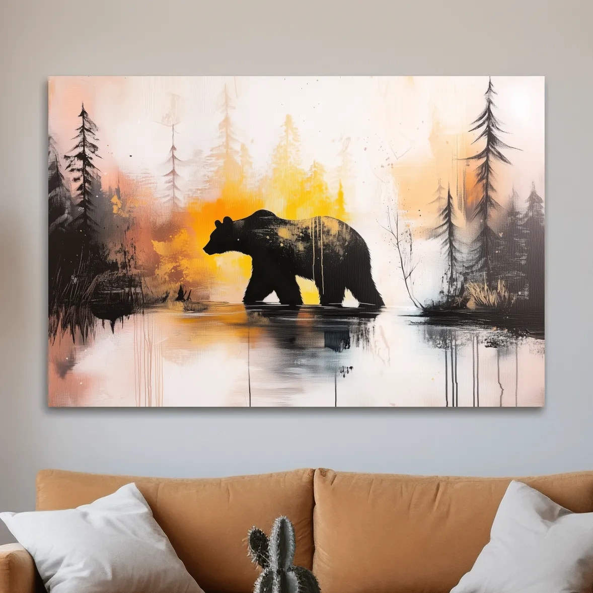 Abstract textured painting, colorful grizzly bear artwork