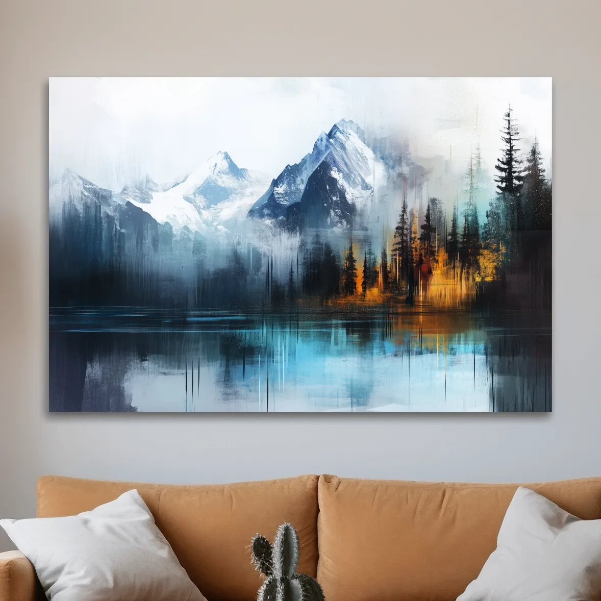 Abstract mountain painting wall art, glacier, lake and forest