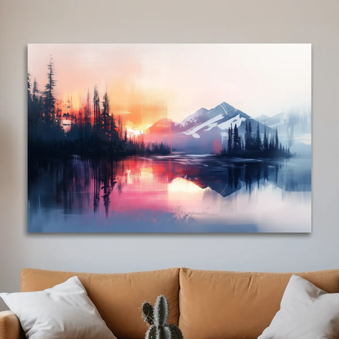 Textured painting wall art, sunset over alpine mountains, lake and forest