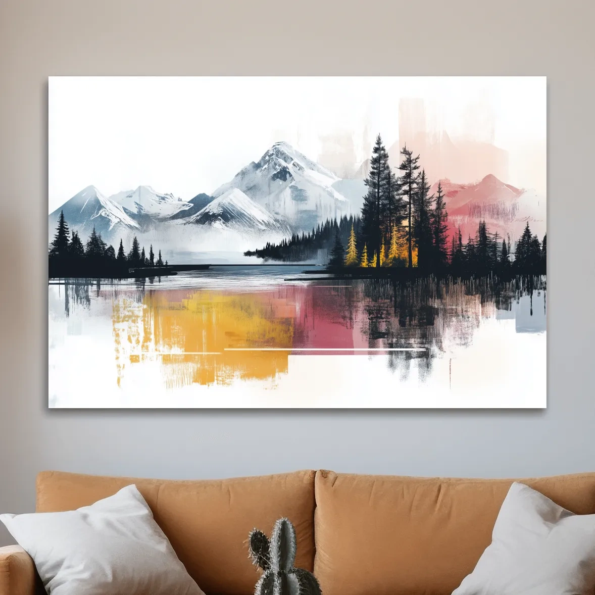 Abstract Misty Mountain Lake Painting - Modern Watercolor Pine Forest Art