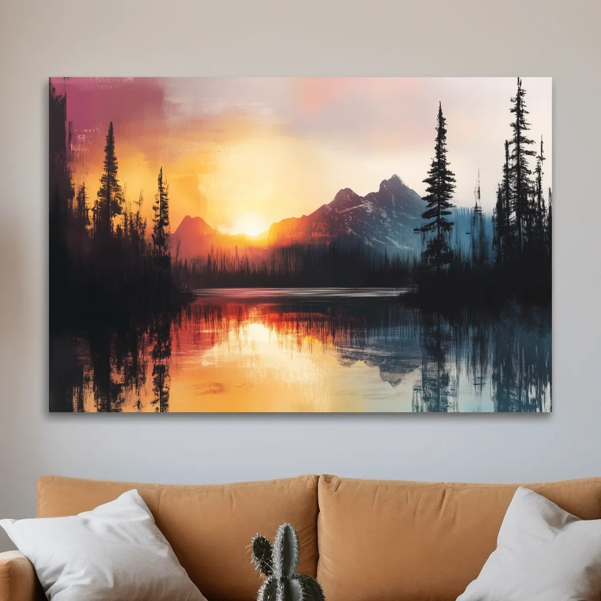 Abstract mountain art painting, sunset over a lake and forest