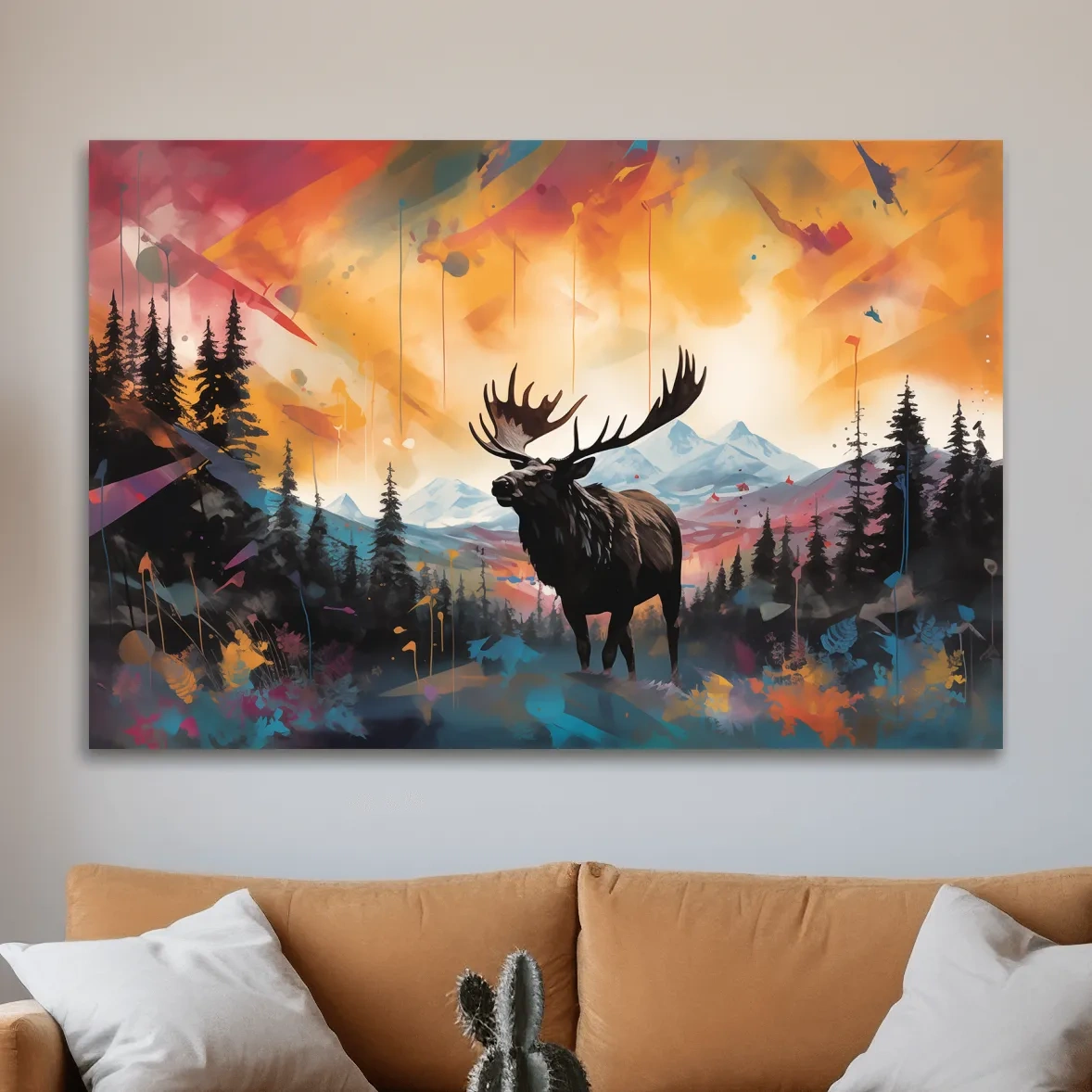 Abstract vibrant painting of a moose in forest scenery