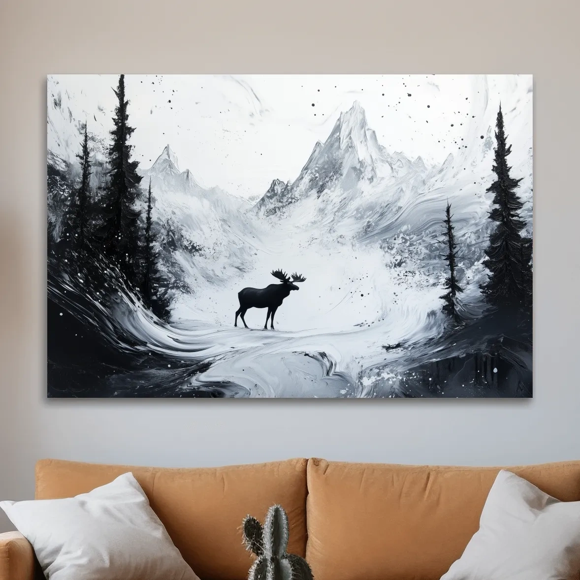 Moody Monochrome Moose Alpine Meadows - Abstract Ink Wash Wildlife Wall Art