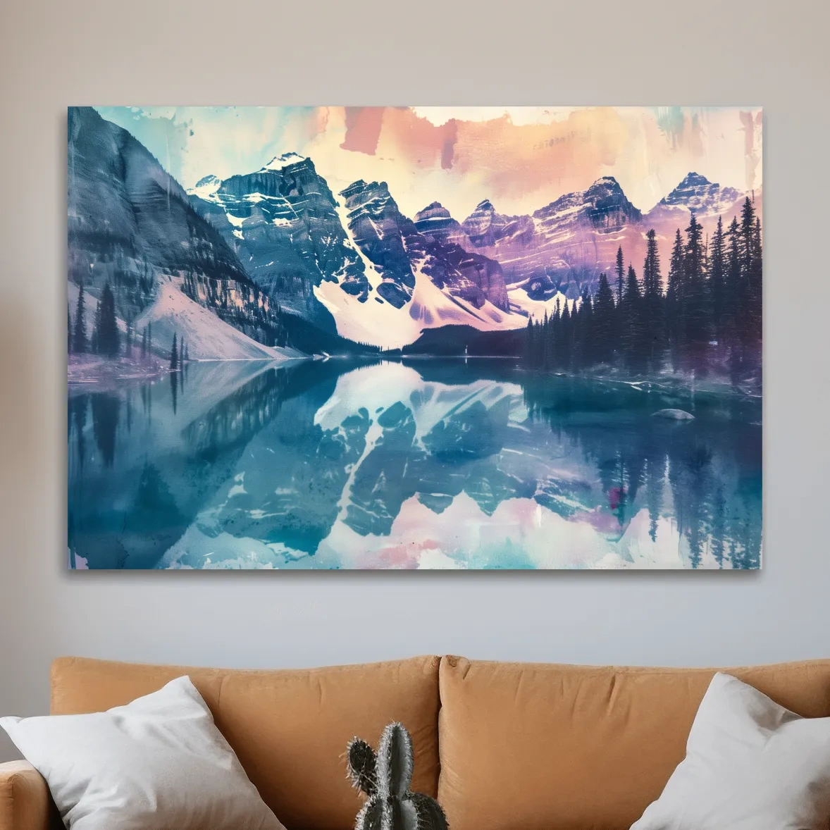 Valley of the Ten Peaks, Moraine Lake Banff. Watercolour painting postcard style mountain artwork