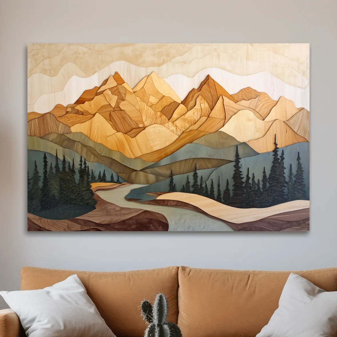 Alpine forest mountain artwork, 3d layered wood intarsia style art