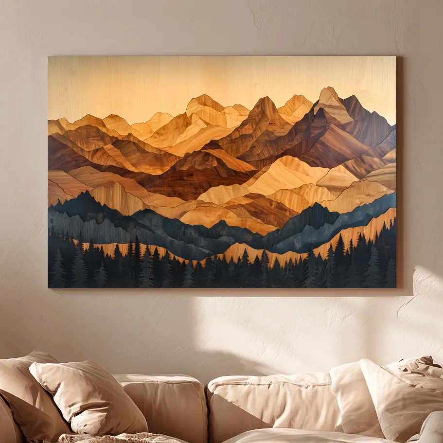 Layered Woodcut Intarsia Mountain Range Landscape - Peaks And Pine Forest Wall Art