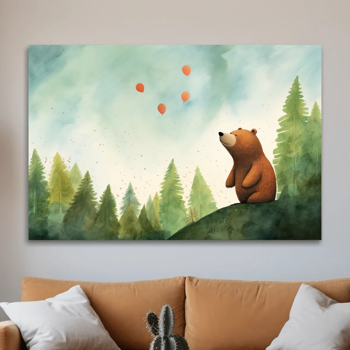 Illustration of a cute happy bear gazing into the sky, nursery wall art