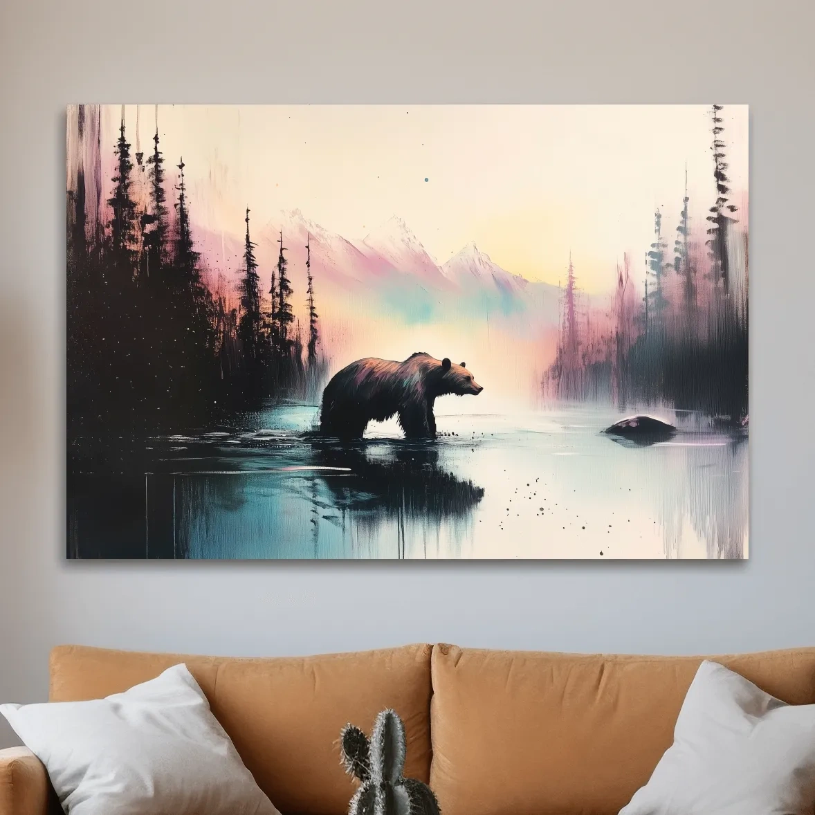 Vibrant textured wallart painting, a grizzly bear in a river