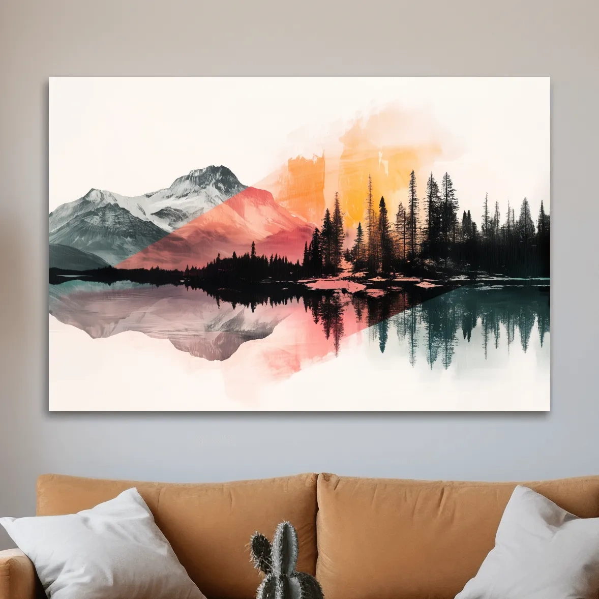 Modern abstract mountain wall artwork painting, glacial lake and forest, vibrant textured style