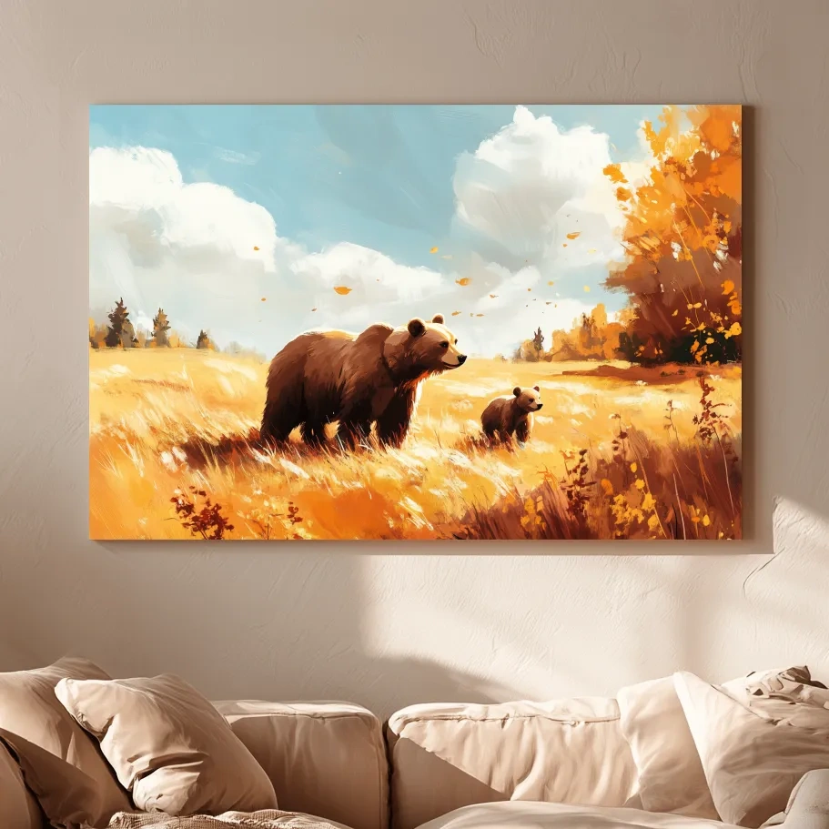 Autumn Grizzly Bear & Cub Painting - Warm Golden Wildlife Wall Art