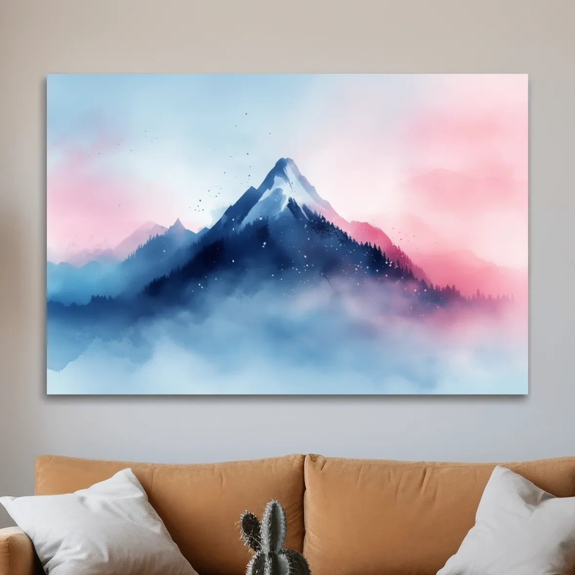 Dreamy mountain painting artwork, glacial peaks above the clouds in pastel hues