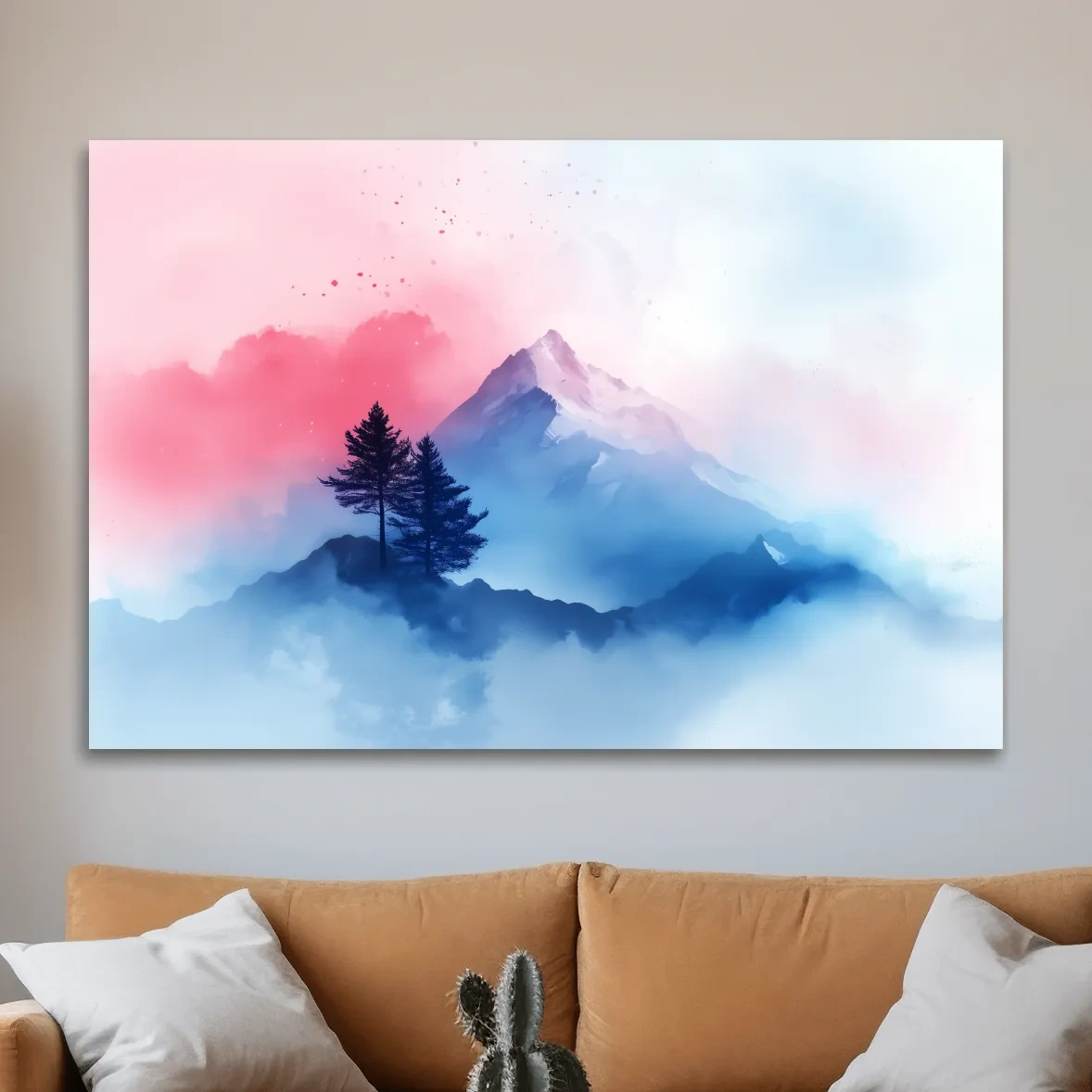 Serene mountain art painting, snowy glacier peaks, alpine trees and pastel clouds