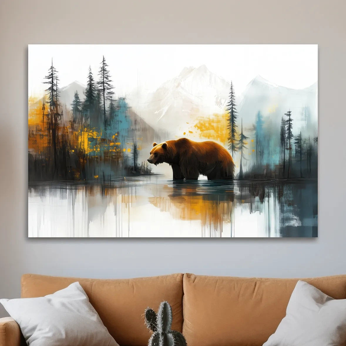 Grizzly bear textured wall art, colorful abstract painting artwork