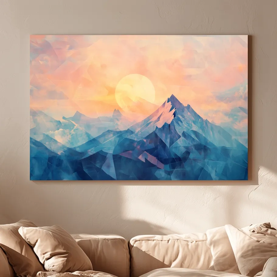 Sunset mountain wall art, geometric fragmented mosaic effect, textured art finish