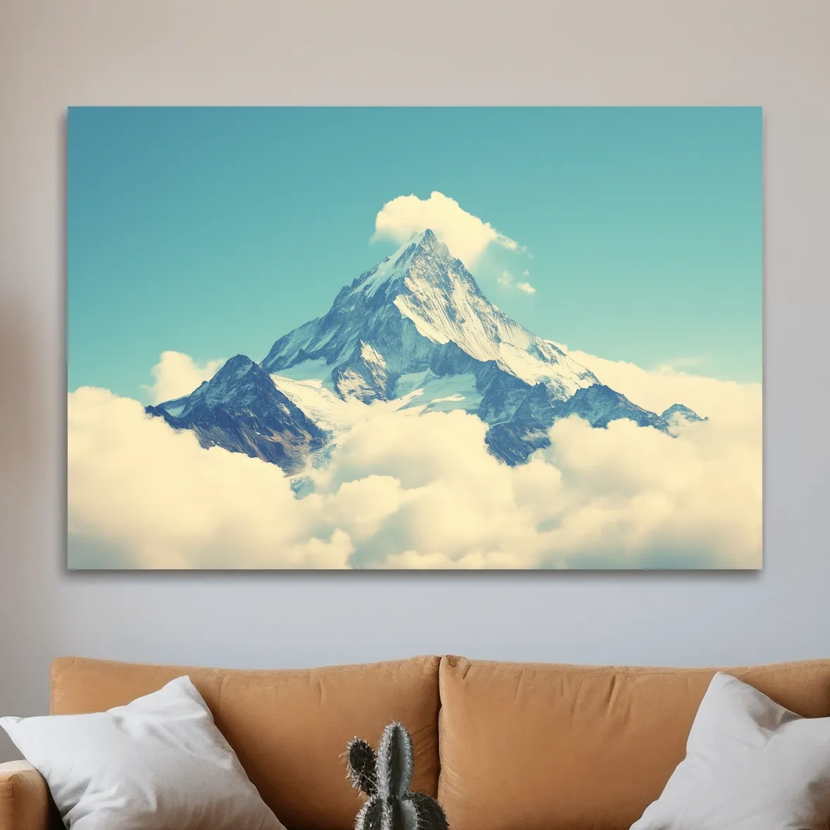 Minimal painting of a mountain peak emerging through clouds, serene artwork with soft blue sky