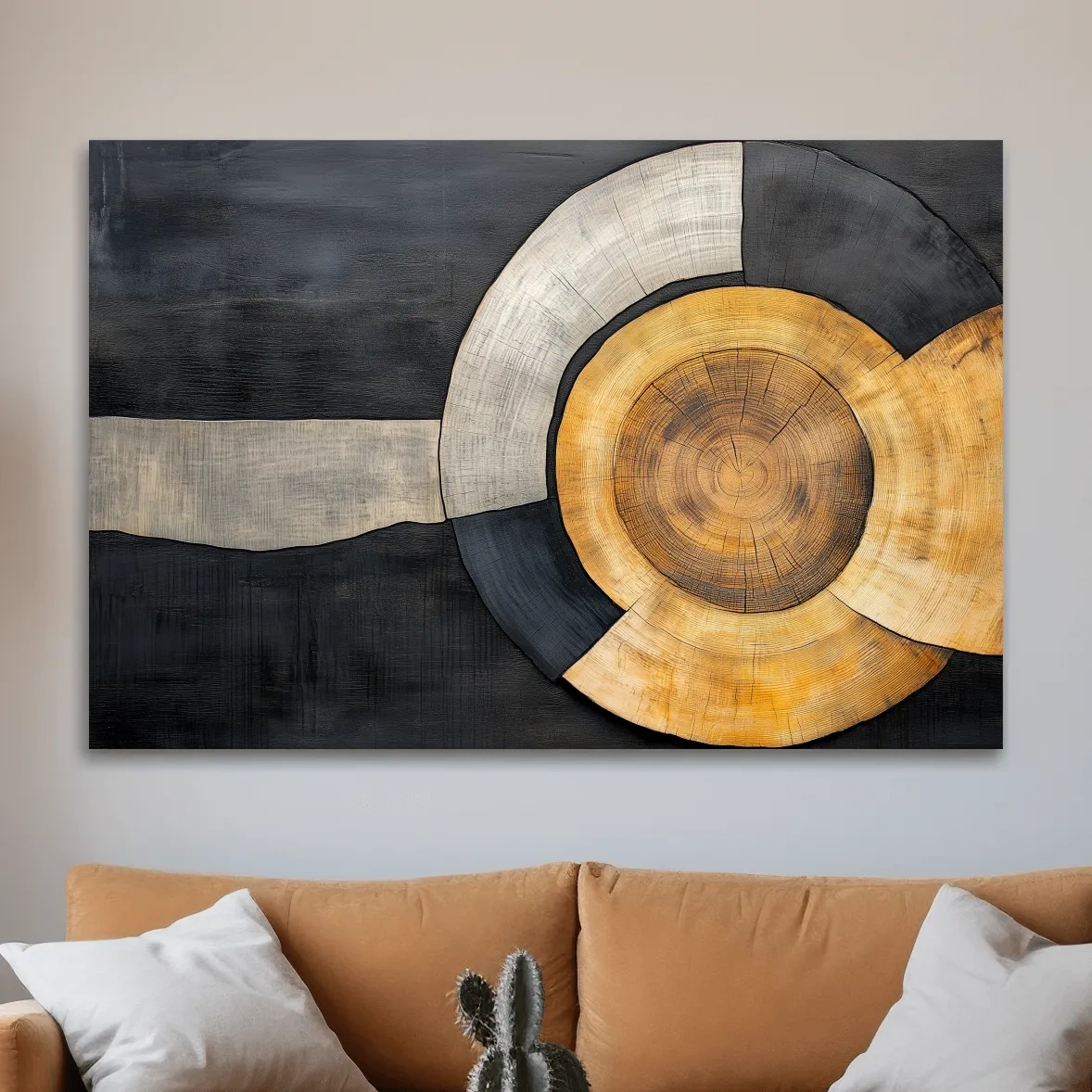 Wood grain cut log modern wall art, circular concentric design with earthy tones