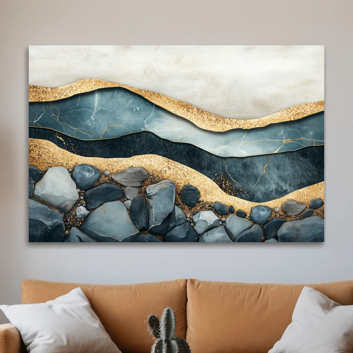 Elegant riverbed sand and rock artwork, modern textured wall art with natural sediment layers