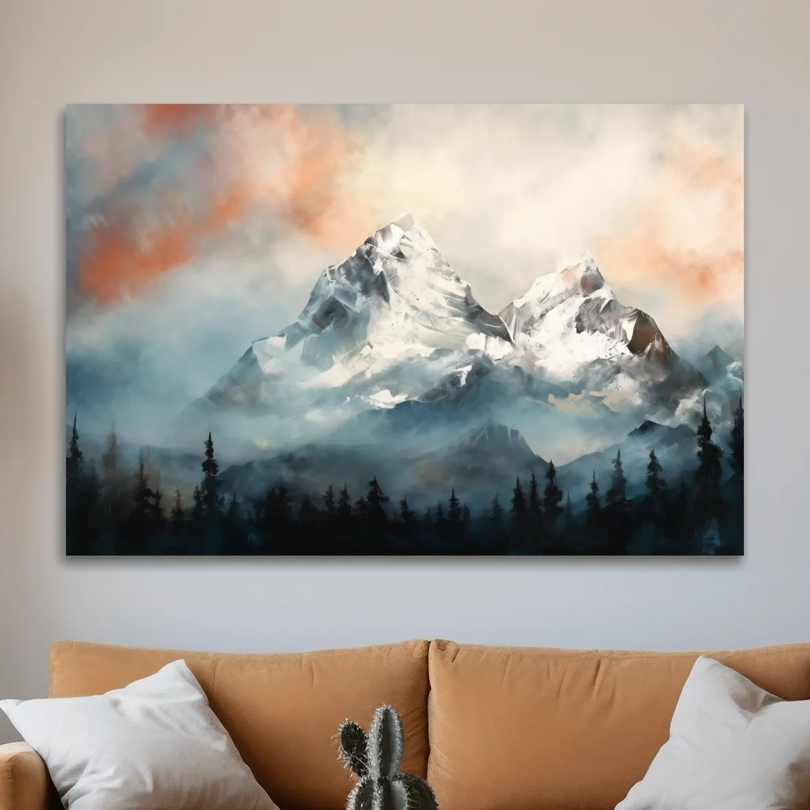 Misty Snowcapped Mountain Peaks Painting - Alpine Sunset Wall Art