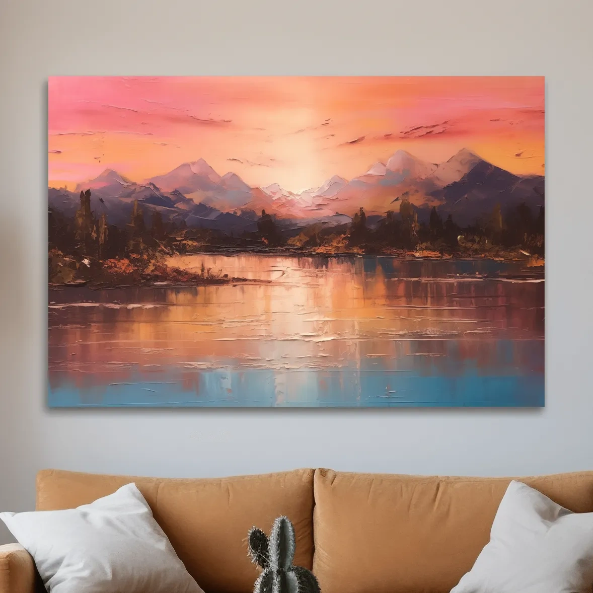 Sunset mountain lakeside painting, textured effect oil painting wall art print