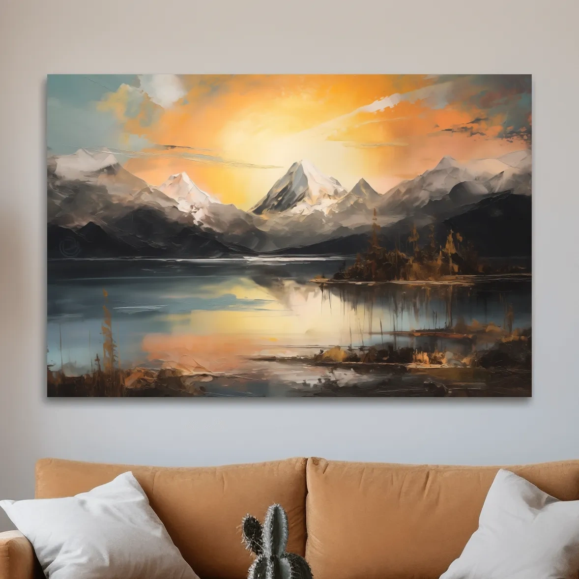 Alpine mountain sunrise over a tranquil lake, dramatic oil painting wall art