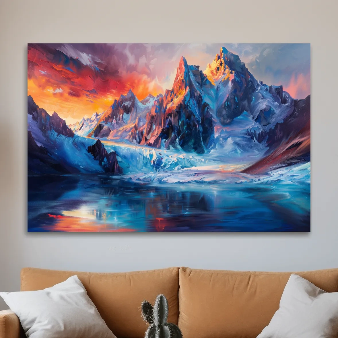 Abstract painting of an alpine glacier lake at sunset, mountain wall art