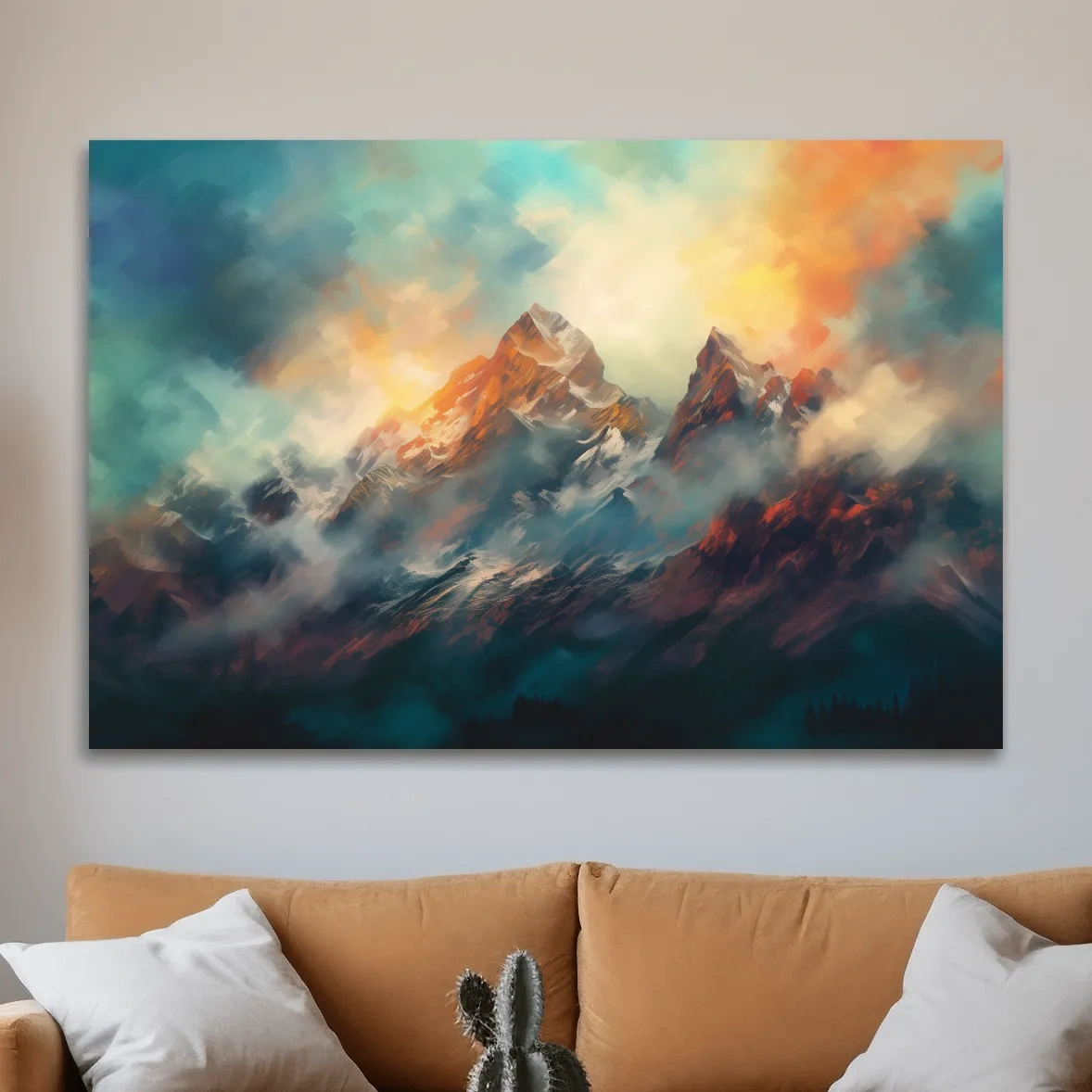 Colorful mountain sunrise artwork, peaks in the mist