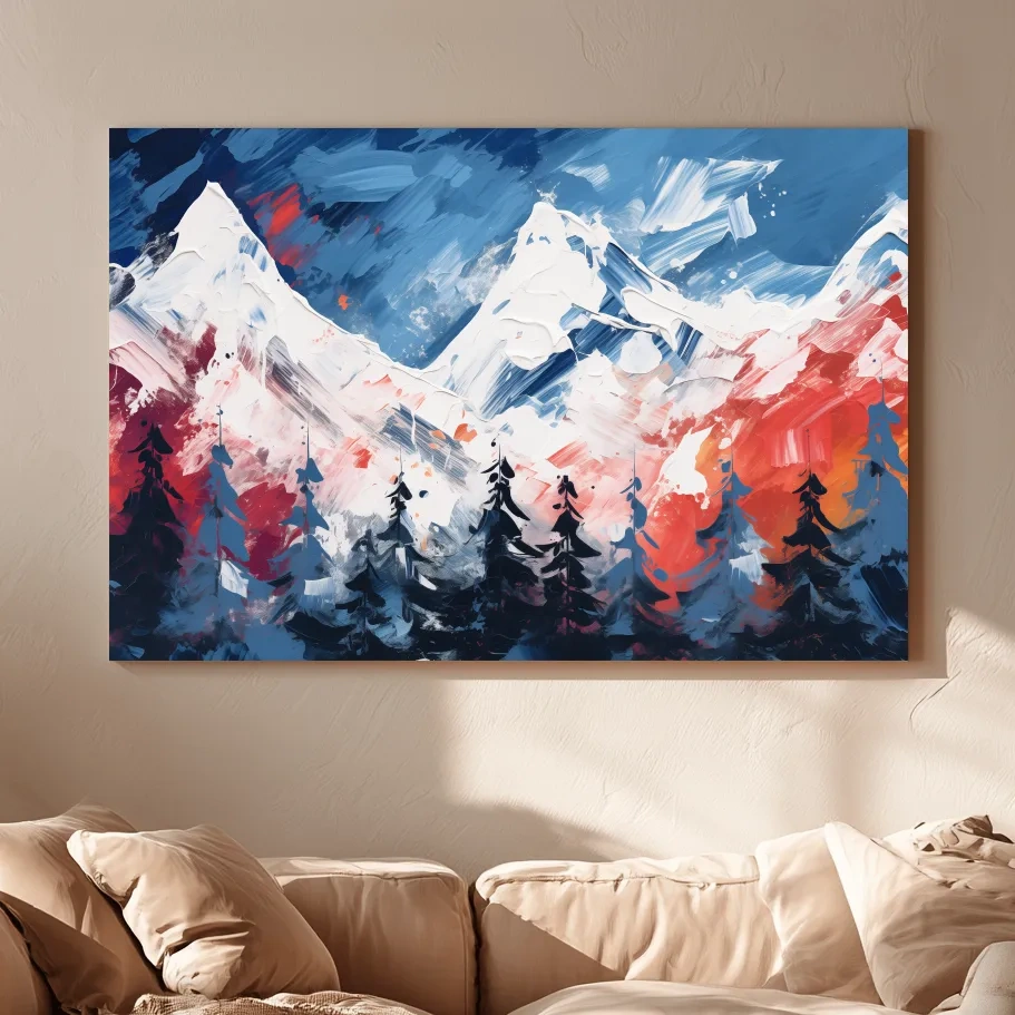 Vibrant Abstract Snowcapped Mountain Peaks - Bold Alpine Forest Landscape Art