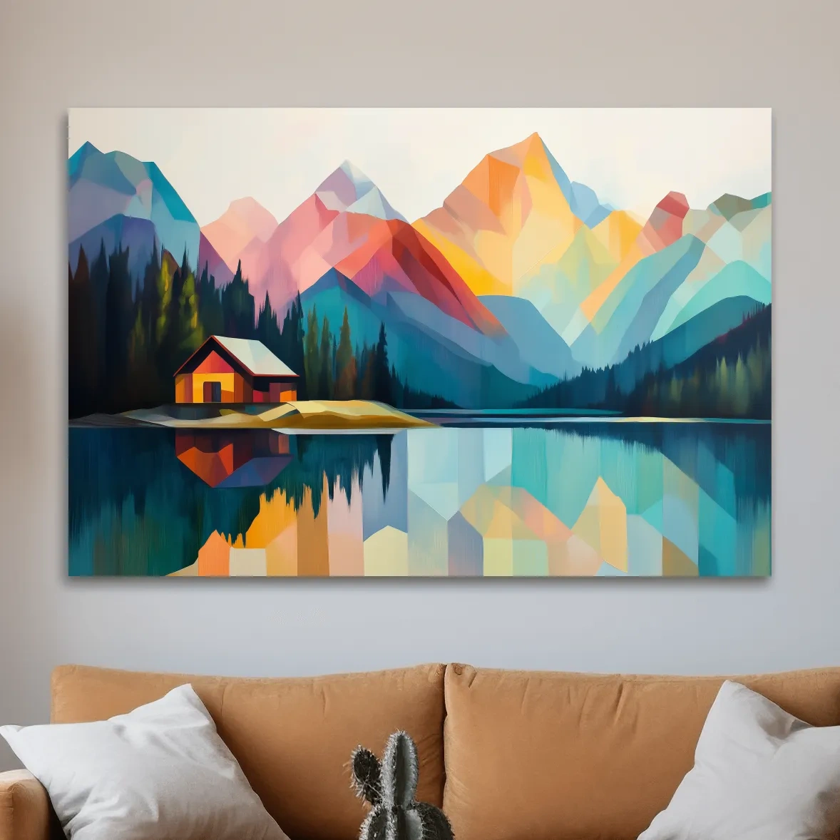 Vibrant Geometric Mountain Lake Cabin - Modern Abstract Landscape Wall Art
