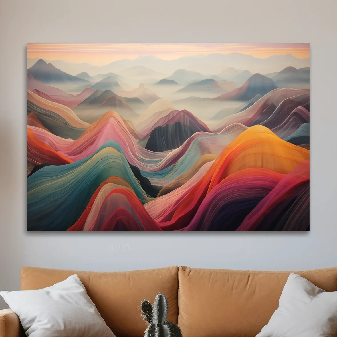 Colorful abstract mountain wall art, layered flowing waves effect