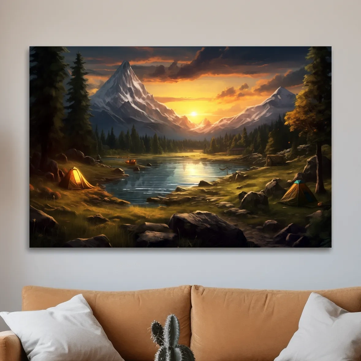 Painting of an alpine campsite by a lake at sunset, serene wall artwork