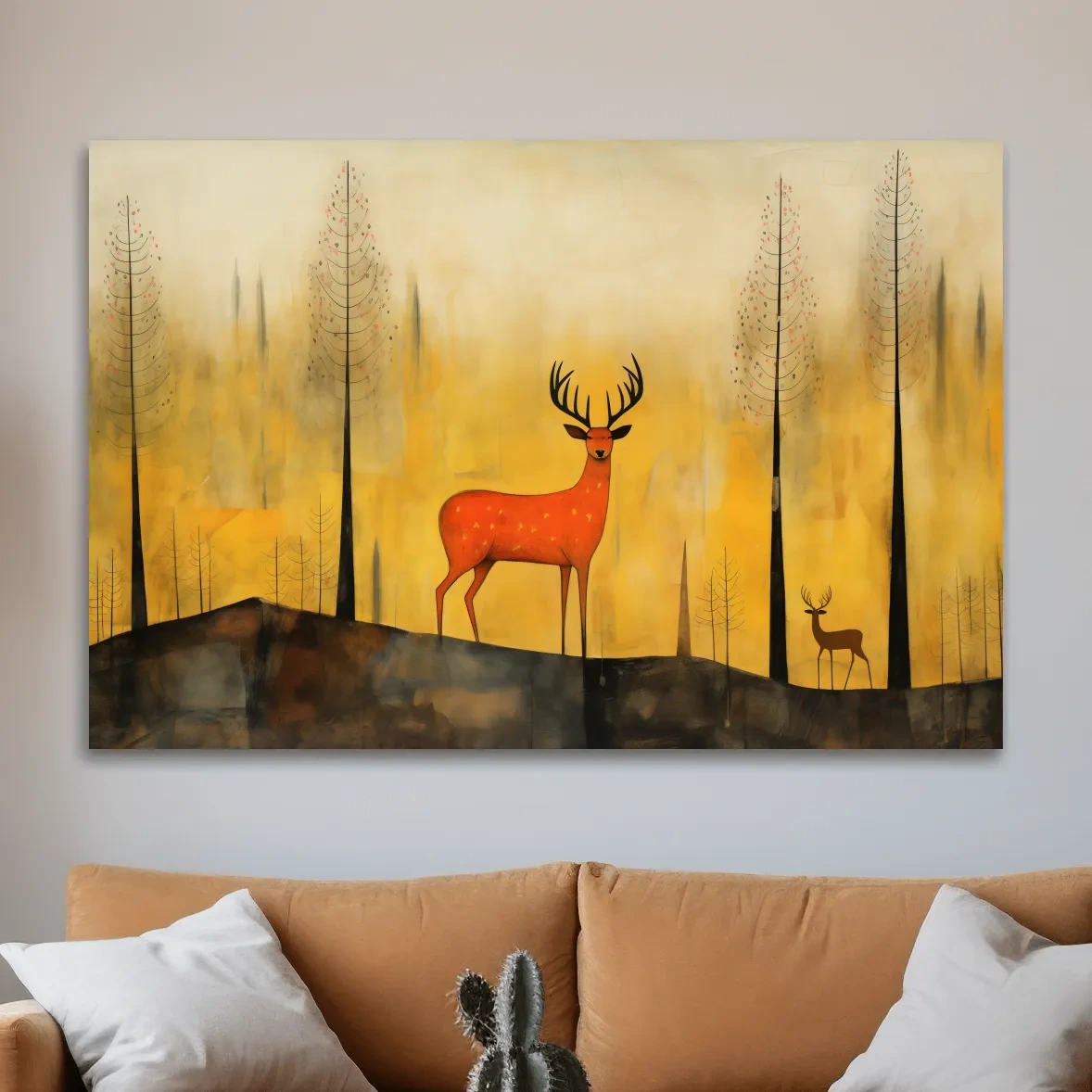 Whimsical Deer In Autumn Forest - Golden Woodland Landscape Wall Art